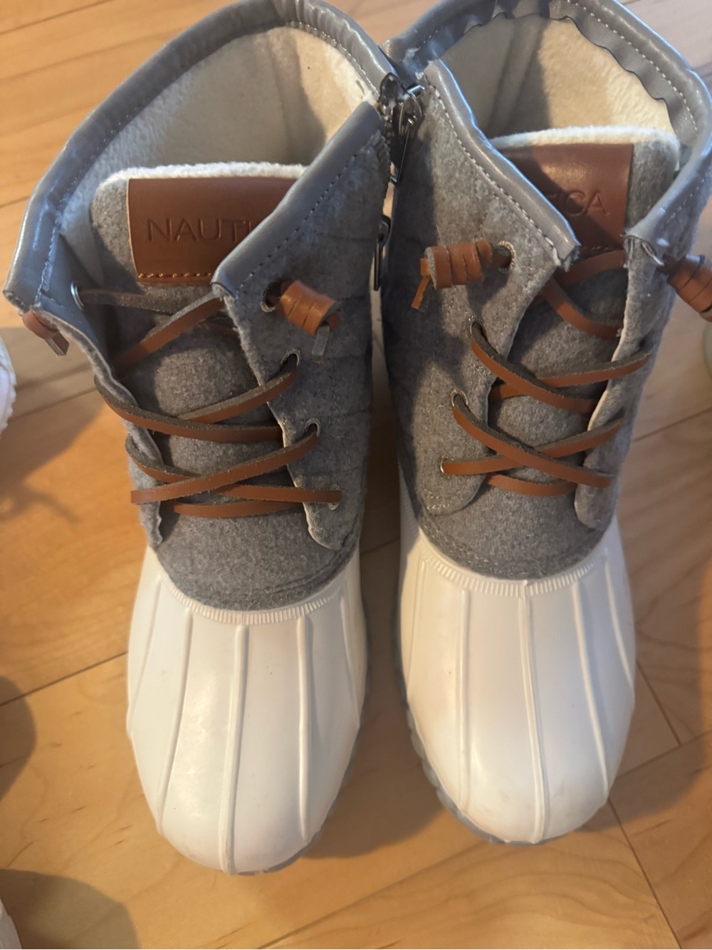 Nautica Woman’s Gray, White and Brown Waterproof Duck Boots